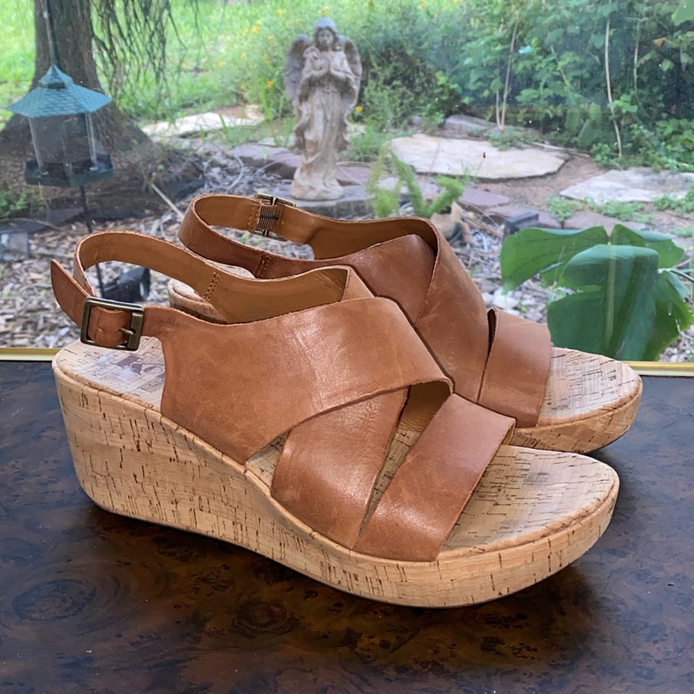 Korks by Kork Ease Brown Leather Slingback Buckle Adela Wedge Sandals Size 10